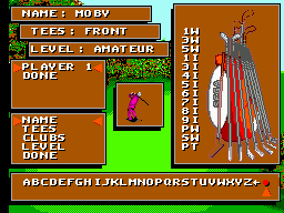 Pantalla de configuració del golfista amb nom, tee, pals i nivell de dificultat.