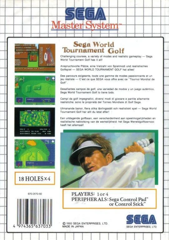 Caràtula posterior europea de Sega World Tournament Golf amb textos multilingües i quatre captures del joc.