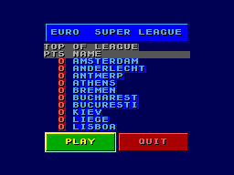 Classificació inicial de l’Euro Super League amb una llista de clubs i les opcions de jugar o sortir.