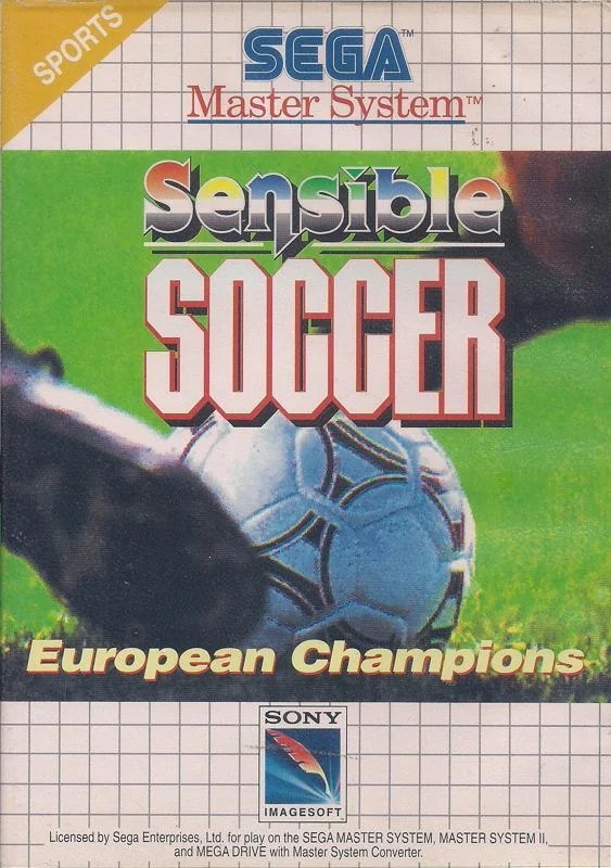 Portada europea de Sensible Soccer: European Champions per a Sega Master System, presidida per una gran pilota de futbol.