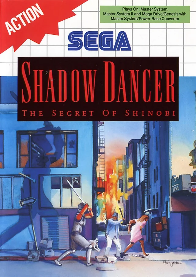 Portada europea de Shadow Dancer per a Sega Master System, amb diversos personatges en una escena urbana.