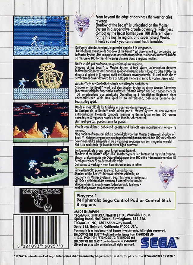 Contraportada europea de Shadow of the Beast per a Sega Master System, amb quatre captures i text multilingüe.