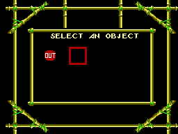 Menú d’objectes de Shadow of the Beast amb el text SELECT AN OBJECT i l’opció OUT.