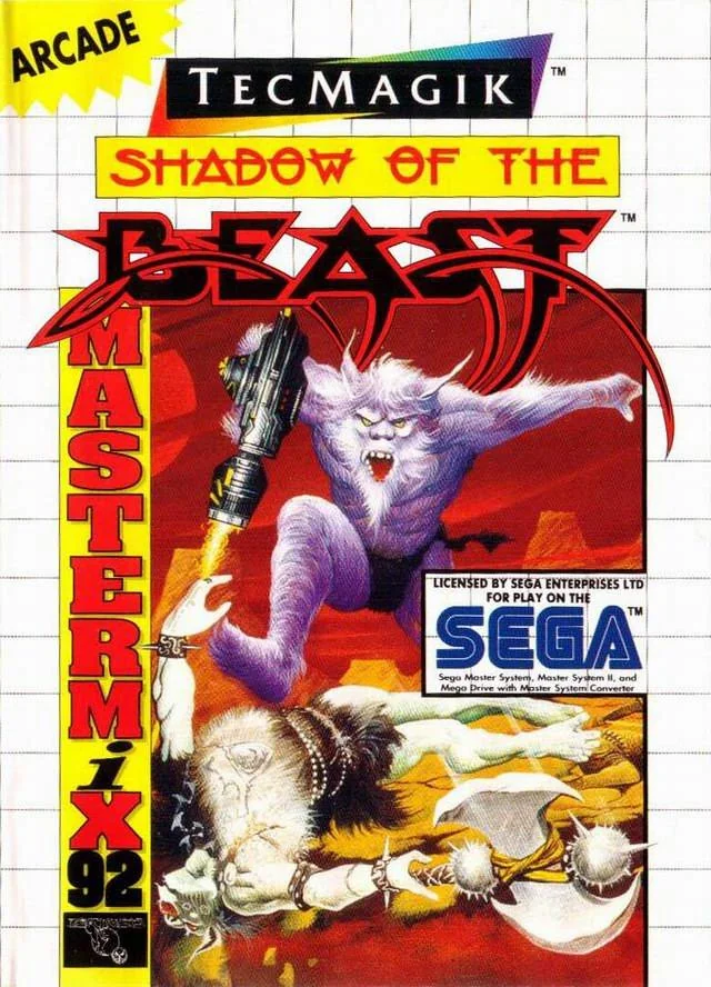 Portada europea de Shadow of the Beast per a Sega Master System, amb una criatura blanca sobre un paisatge vermell.