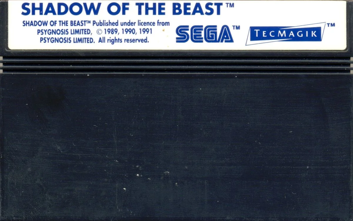 Cartutx europeu de Shadow of the Beast amb els logotips de Sega i TecMagik.