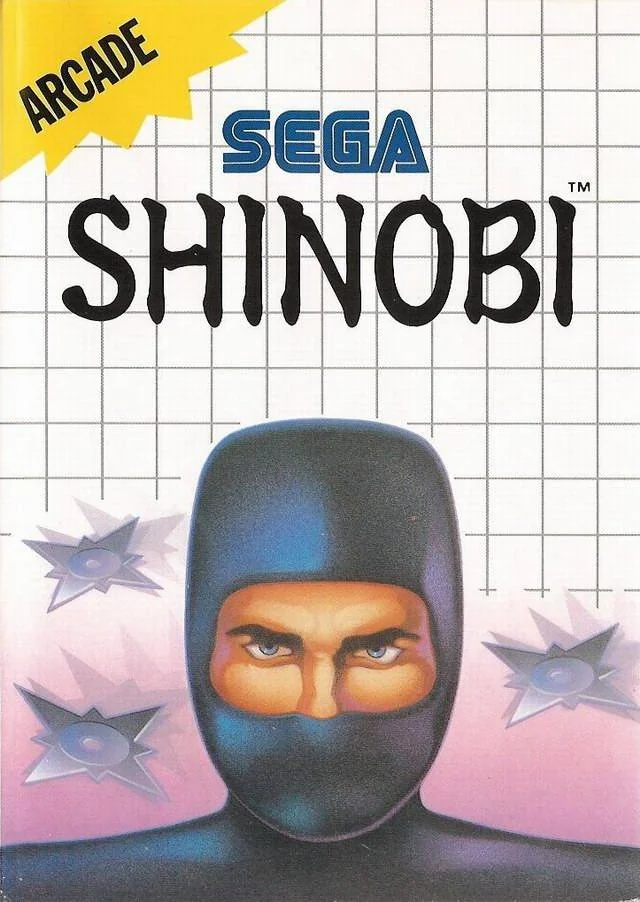 Coberta frontal europea de Shinobi per a Sega Master System, amb un ninja emmascarat i tres shuriken.