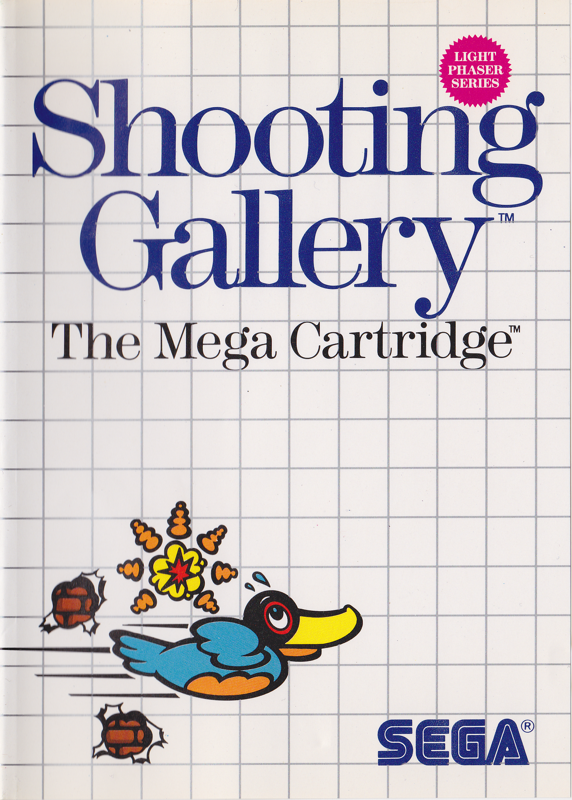 Portada nord-americana de Shooting Gallery amb un ànec blau entre dos projectils i el segell Light Phaser Series.