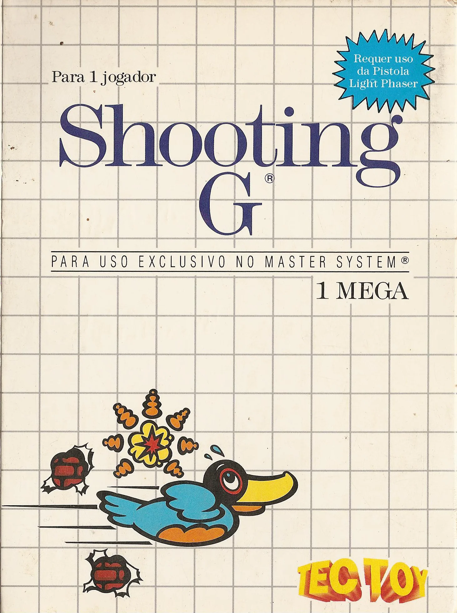 Portada brasilera de Shooting G amb textos en portuguès, un ànec blau i els logotips de Tec Toy i Sega.