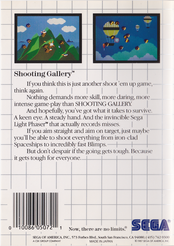 Contraportada nord-americana de Shooting Gallery amb dues captures, text promocional, codi de barres i logotip de SEGA.
