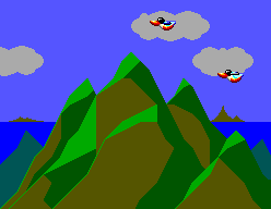 Dos ocells volen sobre un paisatge de muntanyes verdes i mar blau a Shooting Gallery.
