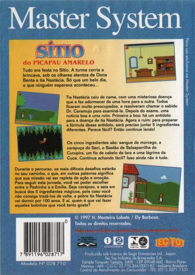 Contracoberta brasilera de Sítio do Picapau Amarelo per a Sega Master System, amb text portuguès i captures del joc.