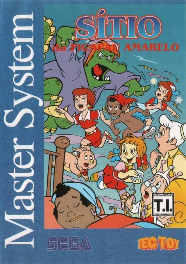 Caràtula frontal brasilera de Sítio do Picapau Amarelo per a Sega Master System, amb els personatges principals il·lustrats.