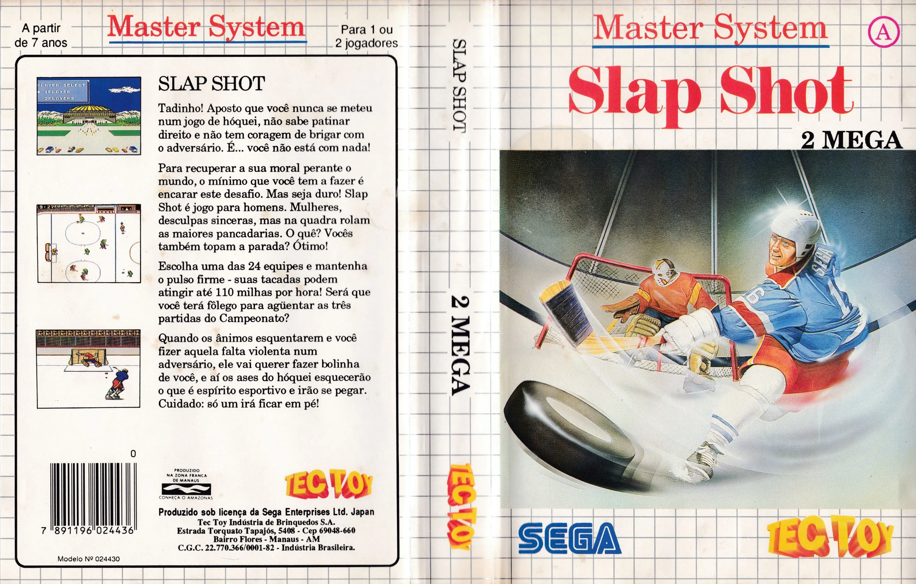 Capsa brasilera desplegada de Slap Shot amb portada, llom, contraportada en portuguès i marca Tec Toy.