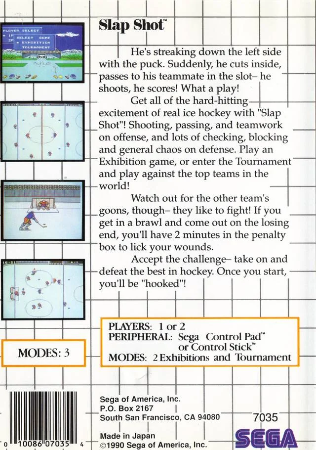 Contraportada nord-americana de Slap Shot amb text, quatre captures i dades de l’edició per a Master System.