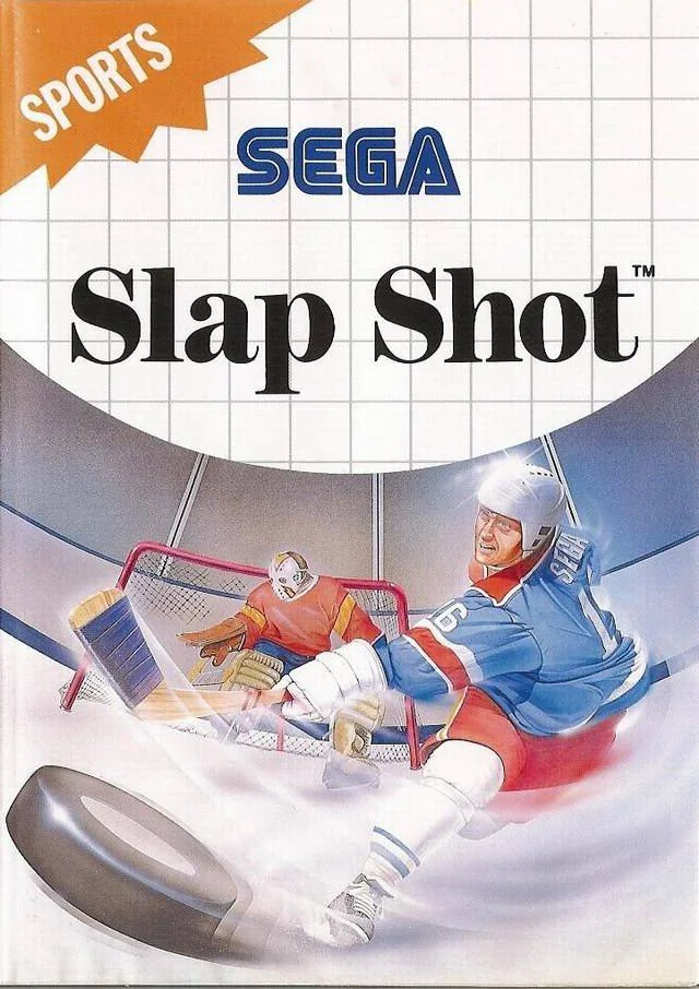 Portada europea de Slap Shot per a Master System, amb un jugador executant un tir davant la porteria.