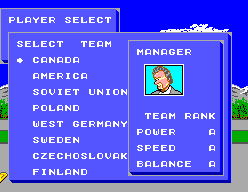 Pantalla de selecció d’equip de Slap Shot amb el Canadà i els valors de potència, velocitat i equilibri.