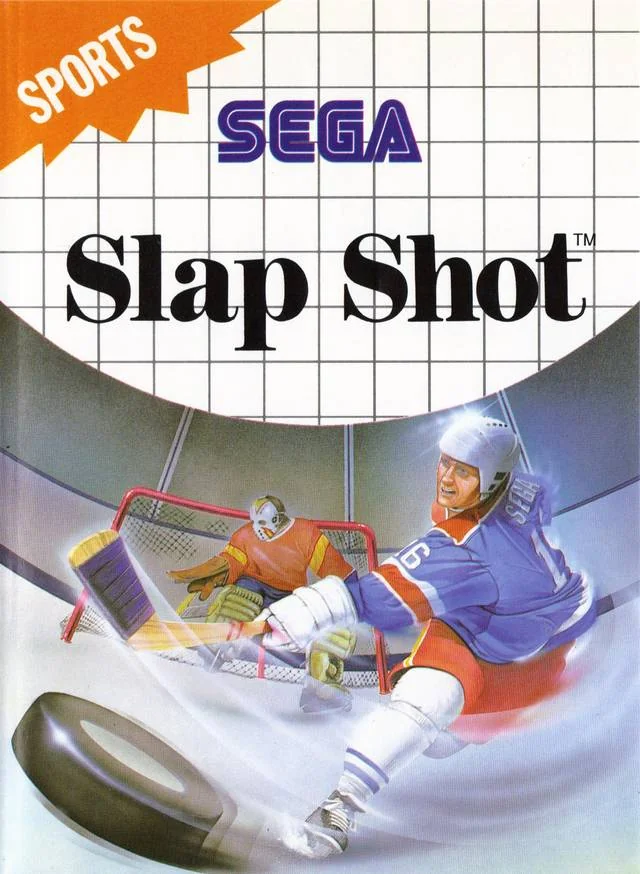 Portada nord-americana de Slap Shot per a Master System, amb un jugador disparant davant la porteria.