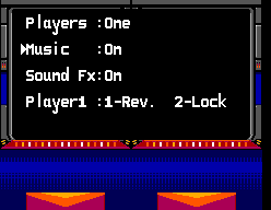 Pantalla d’opcions de Smash T.V. amb la selecció de jugadors i opcions de música, efectes de so i controls.