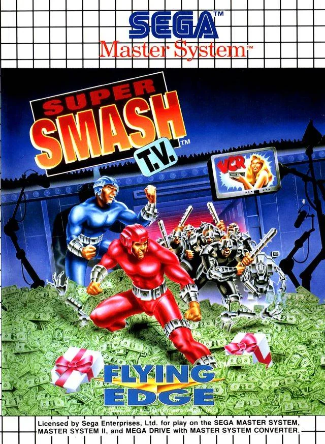 Portada europea de Super Smash T.V. per a Sega Master System, amb dos concursants armats entre robots i bitllets.