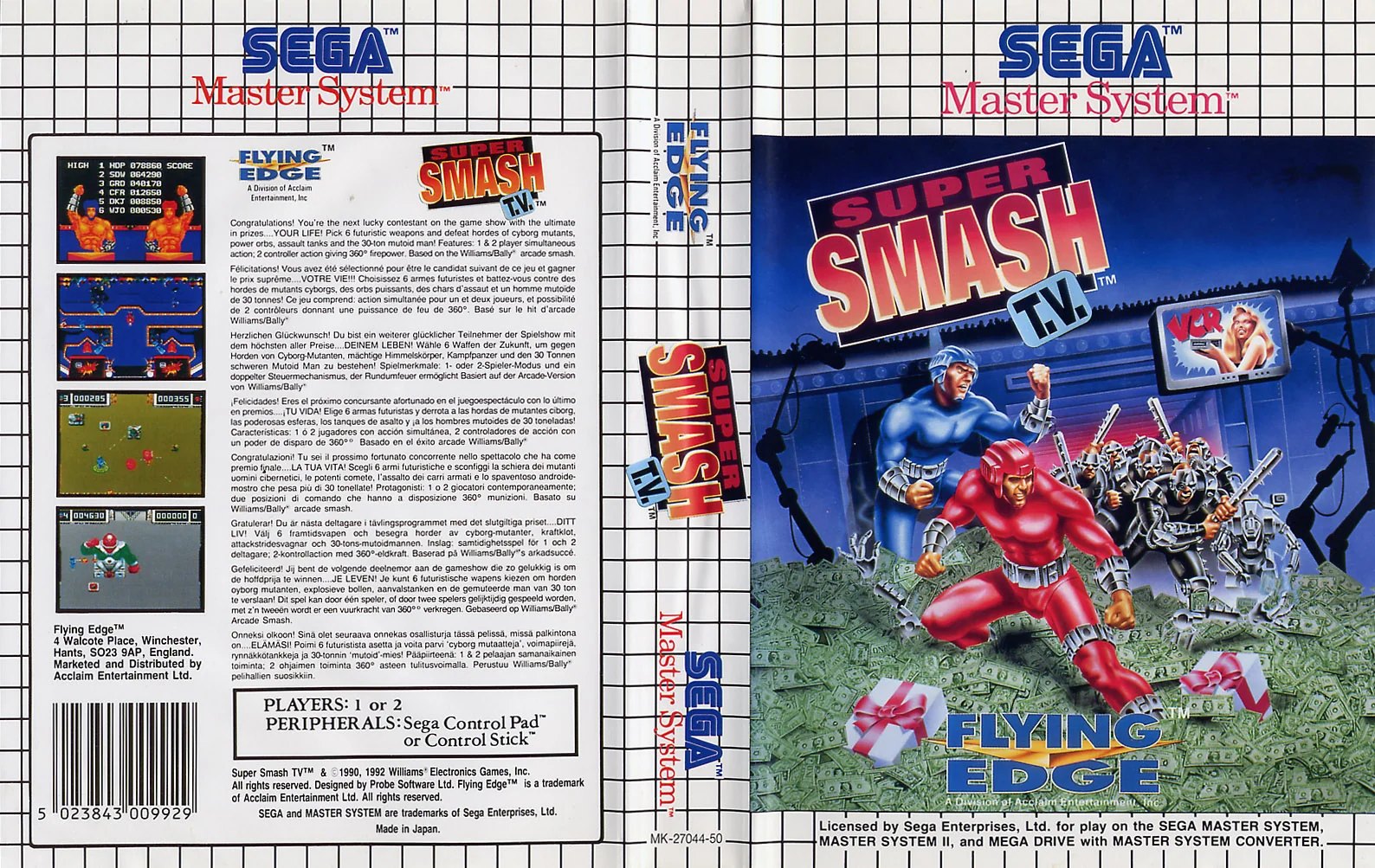 Caràtula europea desplegada de Super Smash T.V., amb portada, llom i contraportada multilingüe.