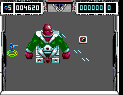 Concursant davant de Mutoid Man, un cap cibernètic enorme que dispara feixos blaus.