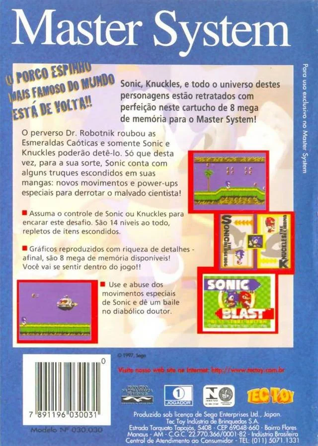 Contraportada brasilera de Sonic Blast per a Master System, amb text en portuguès, captures i marques de Sega i Tec Toy.