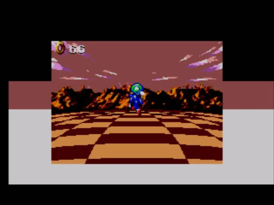 Sonic corre per una fase especial en perspectiva amb 65 anells al marcador i una esfera verda al davant.