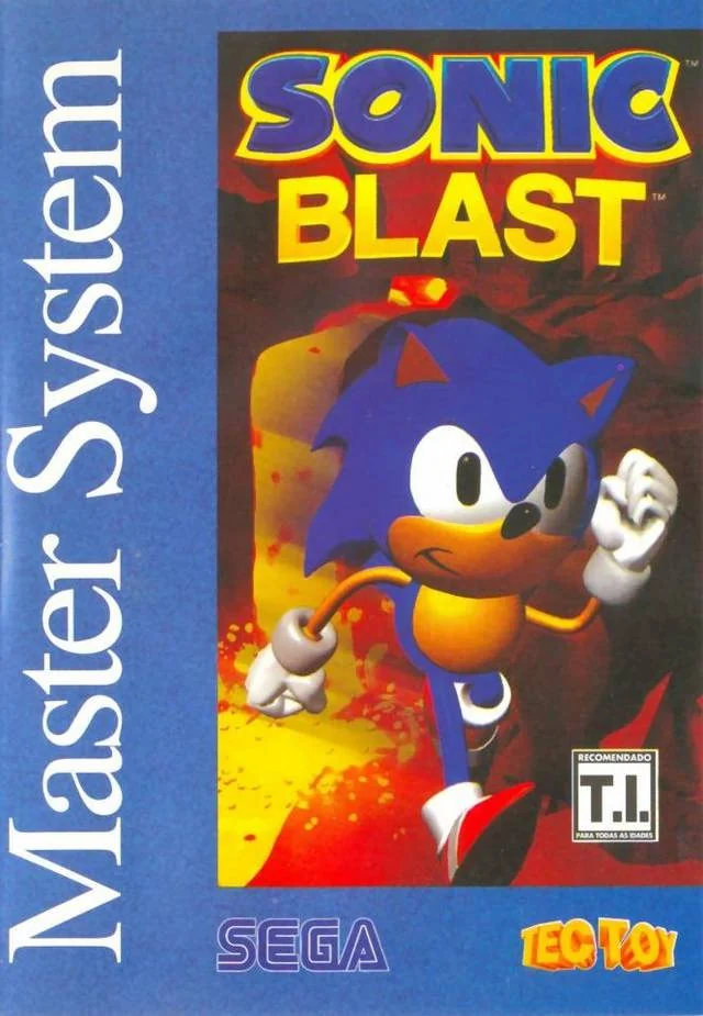 Portada frontal brasilera de Sonic Blast per a Sega Master System, amb Sonic corrent i els logotips de Sega i Tec Toy.