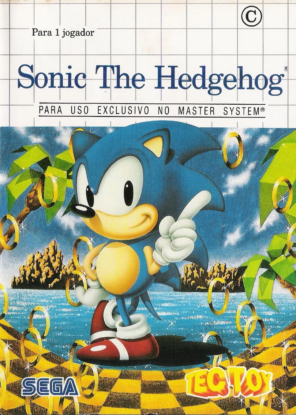 Caràtula brasilera de Sonic the Hedgehog per a Master System, amb text portuguès i la marca Tec Toy.