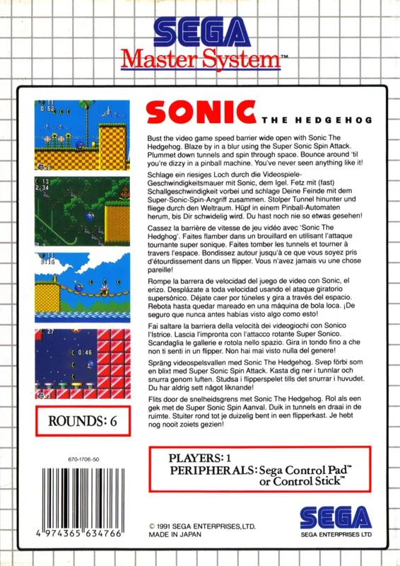 Contracoberta europea de Sonic the Hedgehog per a Sega Master System, amb textos multilingües i quatre captures del joc.
