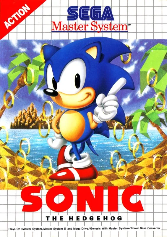 Caràtula frontal europea de Sonic the Hedgehog per a Sega Master System, amb Sonic envoltat d’anells daurats.