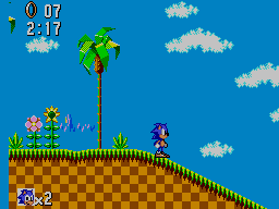 Sonic corre per un pendent d’herba envoltat de palmeres i flors.