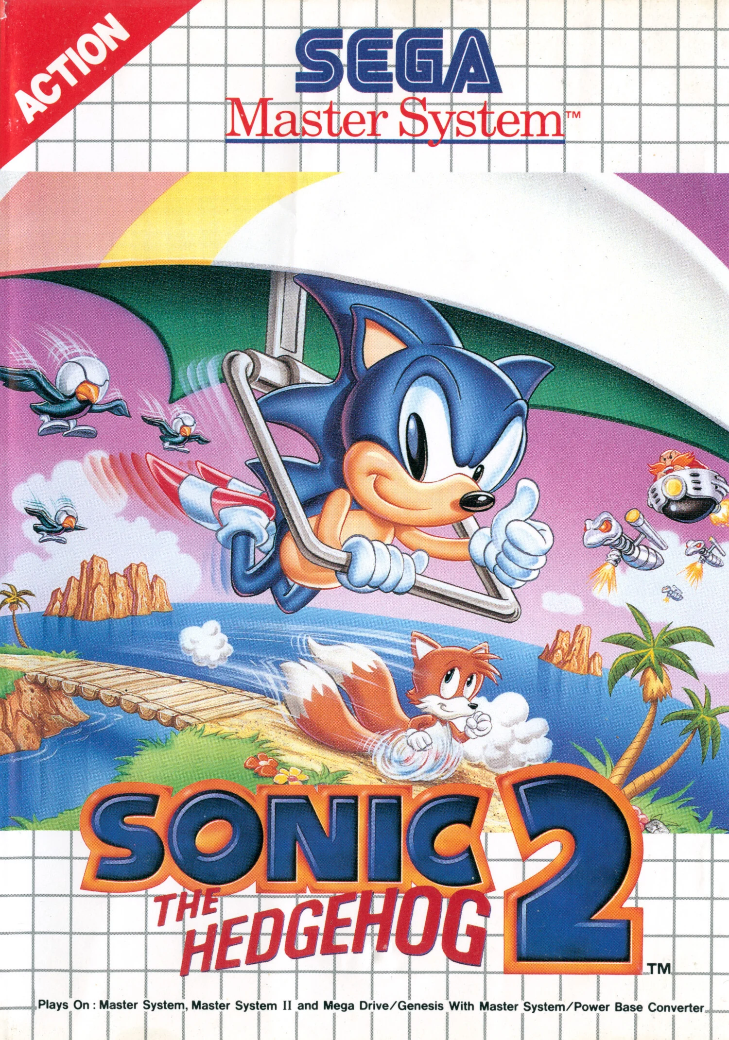 Portada europea de Sonic the Hedgehog 2 per a Sega Master System, amb Sonic volant en ala delta i Tails corrent.