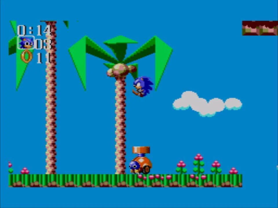 Sonic salta sobre un robot al costat d’una palmera en una zona tropical de Sonic the Hedgehog Chaos.