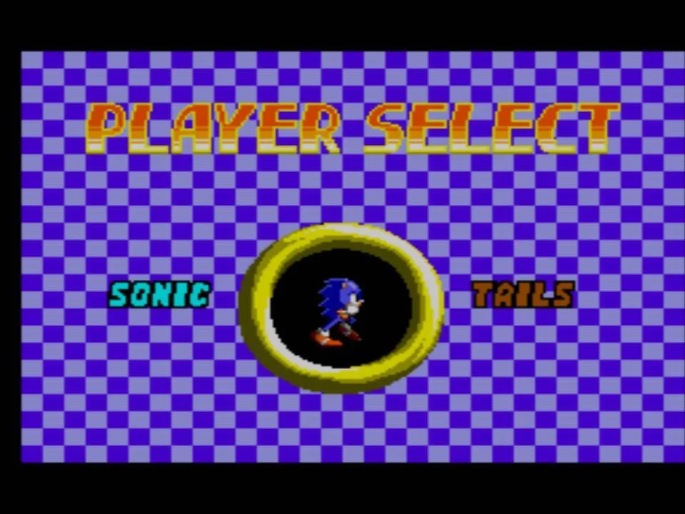 Pantalla de selecció de Sonic the Hedgehog Chaos amb Sonic destacat i Tails com a alternativa.