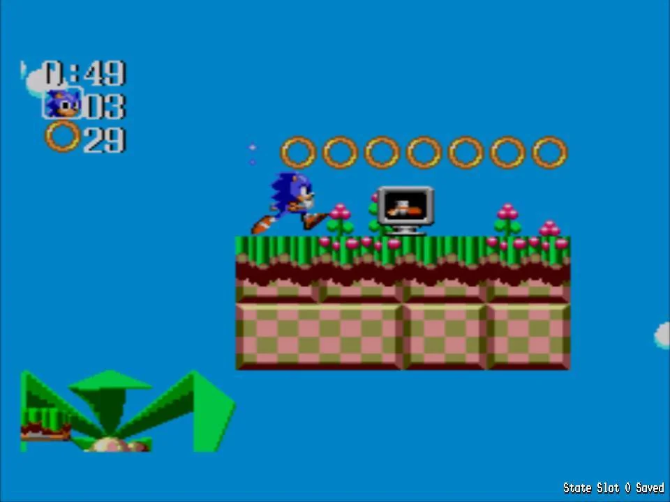 Sonic corre en una fase especial entre una filera d’anells i un monitor.
