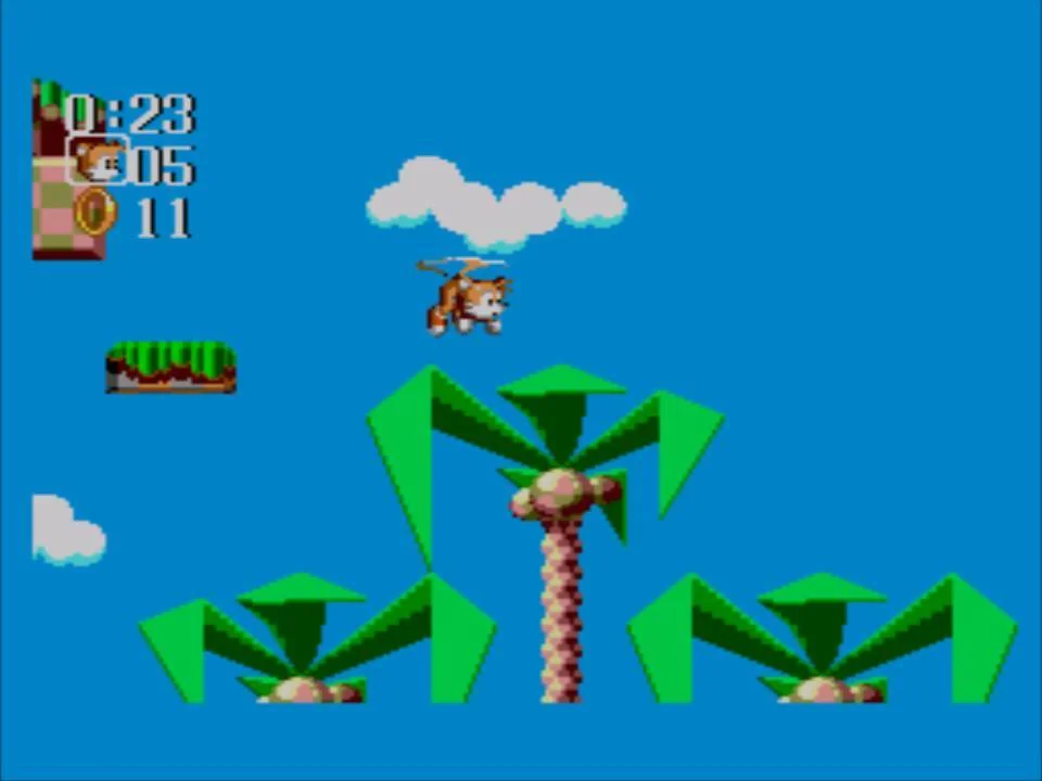 Tails vola sobre palmeres i plataformes en un escenari tropical de Sonic the Hedgehog Chaos.