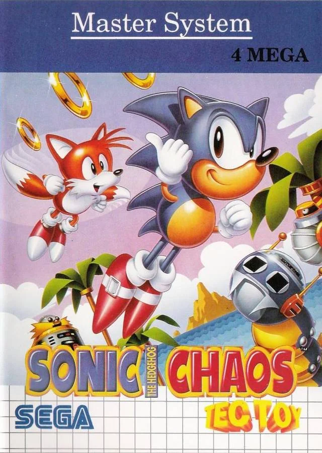 Caràtula frontal brasilera de Sonic the Hedgehog Chaos per a Master System, amb la marca TecToy.