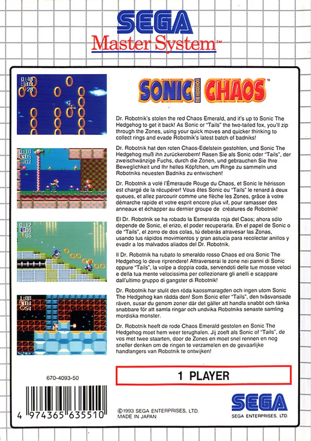 Contracoberta europea de Sonic the Hedgehog Chaos per a Sega Master System, amb quatre captures i textos en diversos idiomes.