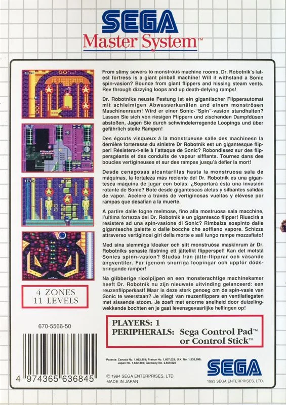Contraportada europea de Sonic the Hedgehog: Spinball per a Sega Master System, amb quatre captures i text en diversos idiomes.