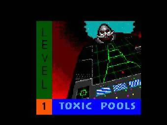 Pantalla d’inici de Toxic Pools amb Robotnik sobre una instal·lació industrial en forma de taula.