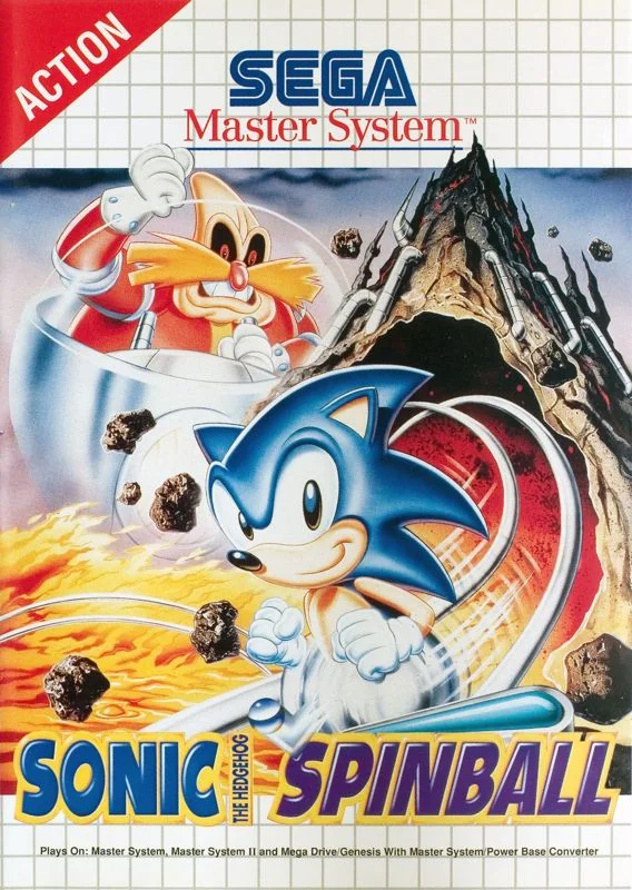 Portada europea de Sonic the Hedgehog: Spinball per a Sega Master System, amb Sonic damunt d’una pala i Robotnik al fons.