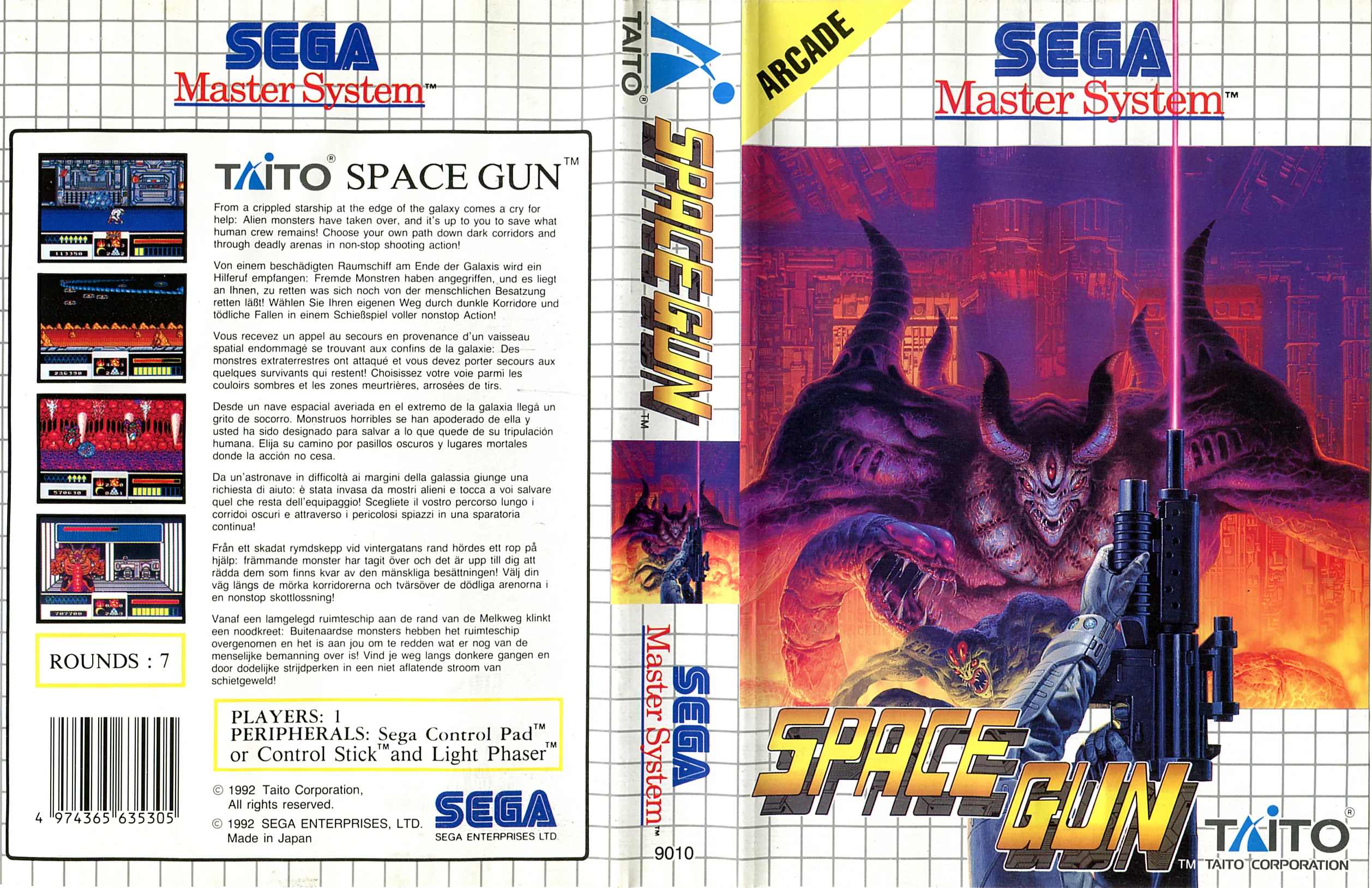 Caràtula europea desplegada de Space Gun, amb frontal, llom i textos posteriors multilingües.