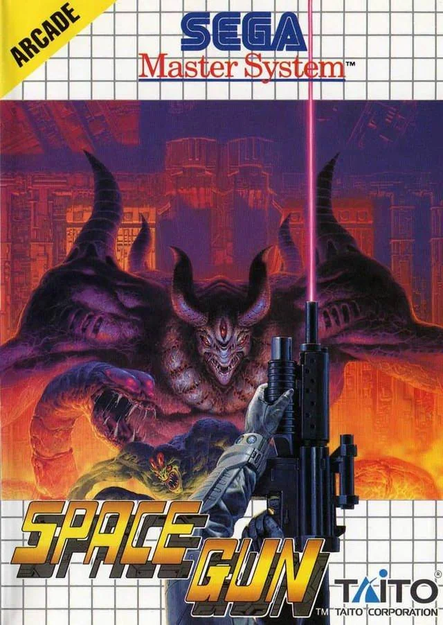 Portada frontal europea de Space Gun per a Sega Master System, amb una criatura alienígena davant d’una arma.