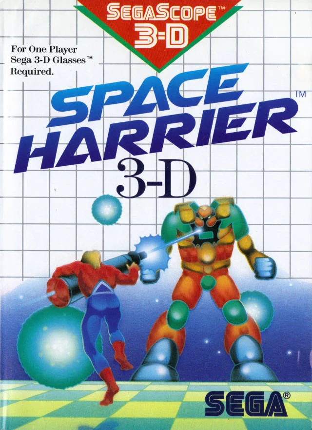 Portada nord-americana de Space Harrier 3-D amb Harrier disparant, un enemic robòtic i el distintiu SegaScope 3-D.
