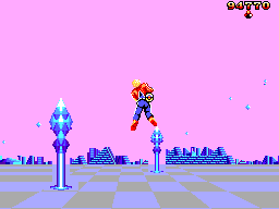 Space Harrier enlairat entre pilars cristal·lins, amb la puntuació visible a la part superior.