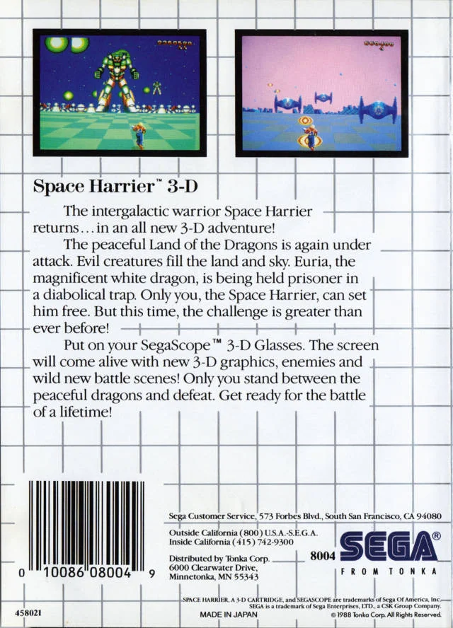 Contraportada nord-americana de Space Harrier 3-D amb dues captures, text promocional i logotip de Sega.