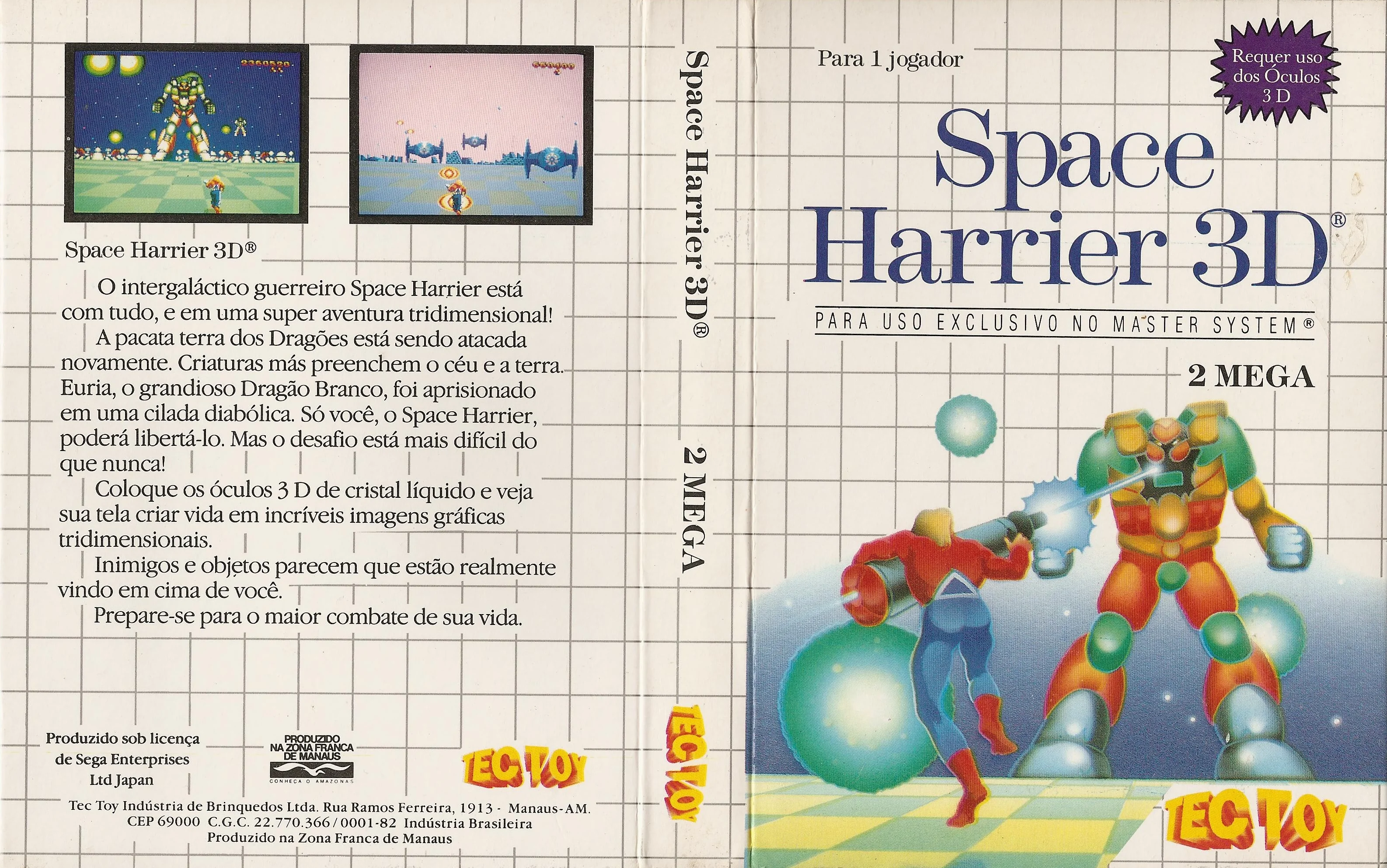 Caràtula brasilera desplegada de Space Harrier 3D amb portada, llom, contraportada, captures i logotip de TecToy.