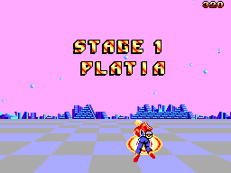 Pantalla de presentació de la primera fase amb Harrier al centre i el text STAGE 1 PLAY 1.