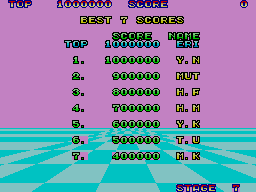 Taula de les set millors puntuacions superposada al paisatge de Space Harrier.